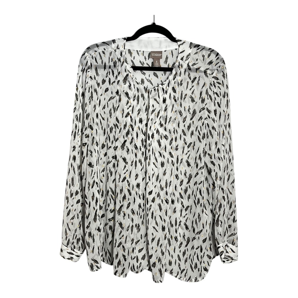 Chicos Size 3 White Black Abstract Brushstroke Gold Metallic SplitNeck Blouse XL